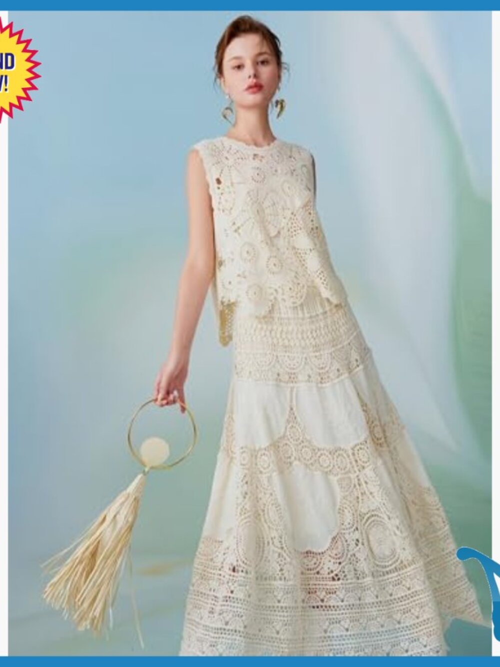 Crochet Maxi Skirt High Waist A-Line Floral Eyelet Lace Beach Cover Up - Picture 2 of 7